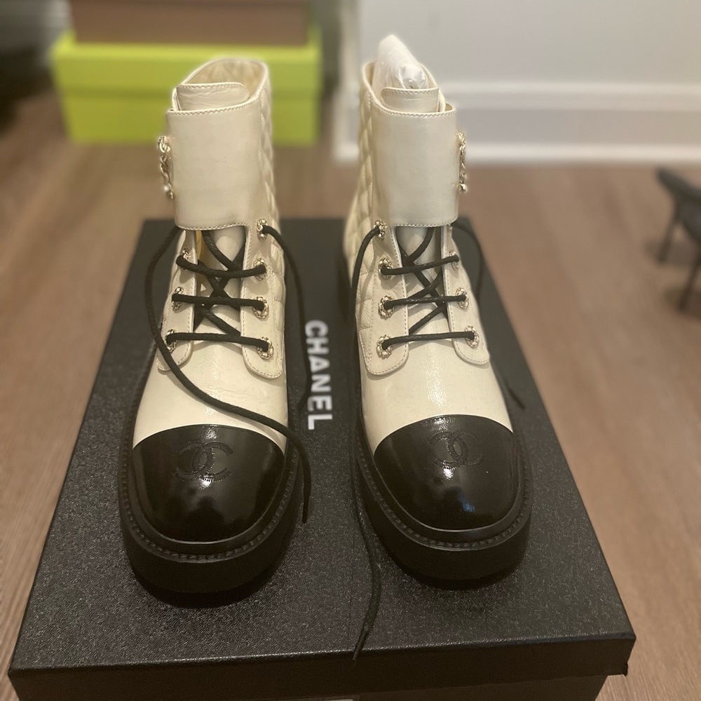 Chanel Goatskin Calfskin Quilted Lace Up Combat Boots